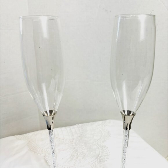 Champagne Toasting Flutes Wine Glass HBH Stemwear Glittering Beads - Set of 2 - Picture 9 of 14